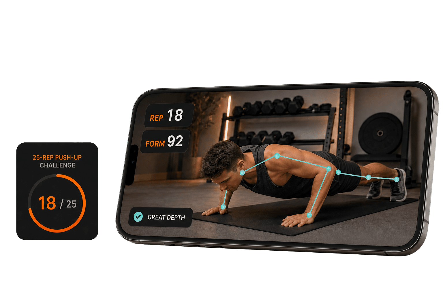 PushUp Pro live camera tracking a push-up with rep count, form score, and challenge progress