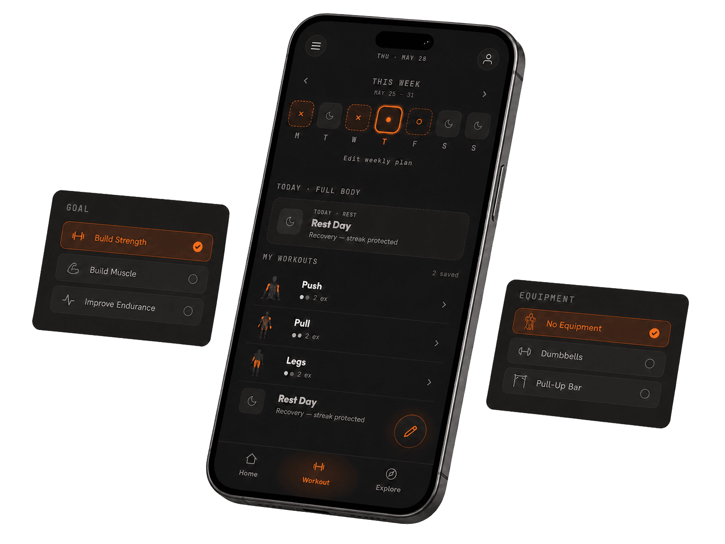 PushUp Pro personalized weekly plan with goal and equipment controls