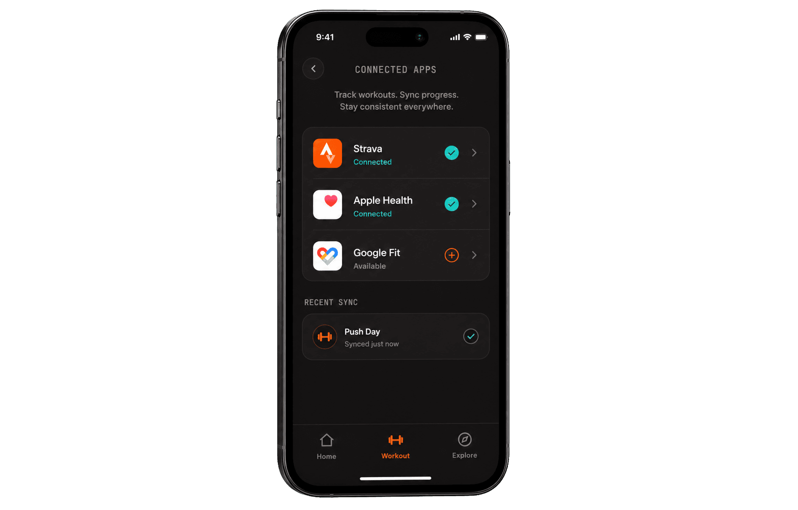 PushUp Pro connected apps screen showing Strava, Apple Health, and Google Fit